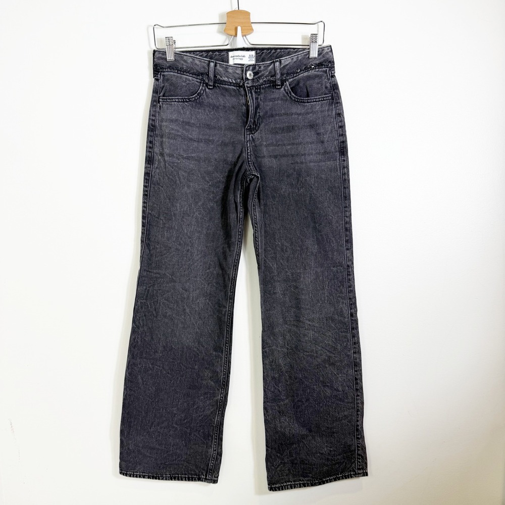 Abercrombie Kids Jeans Girls 15/16 Black Low Rise Baggy Wide Leg Frayed Waist